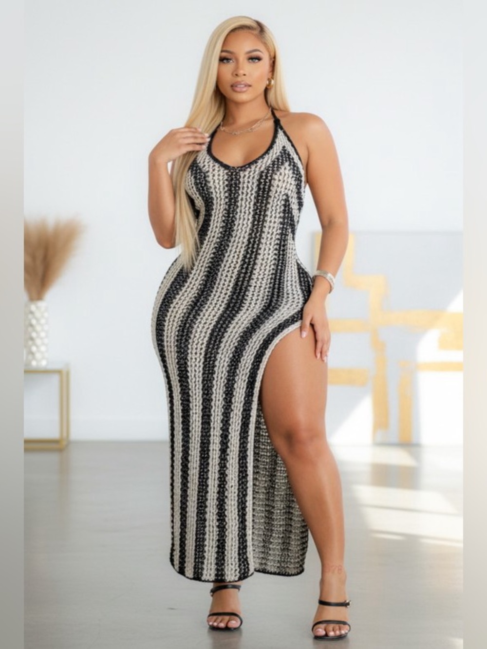 Striped Crochet Halter Maxi Dress - Black & Cream